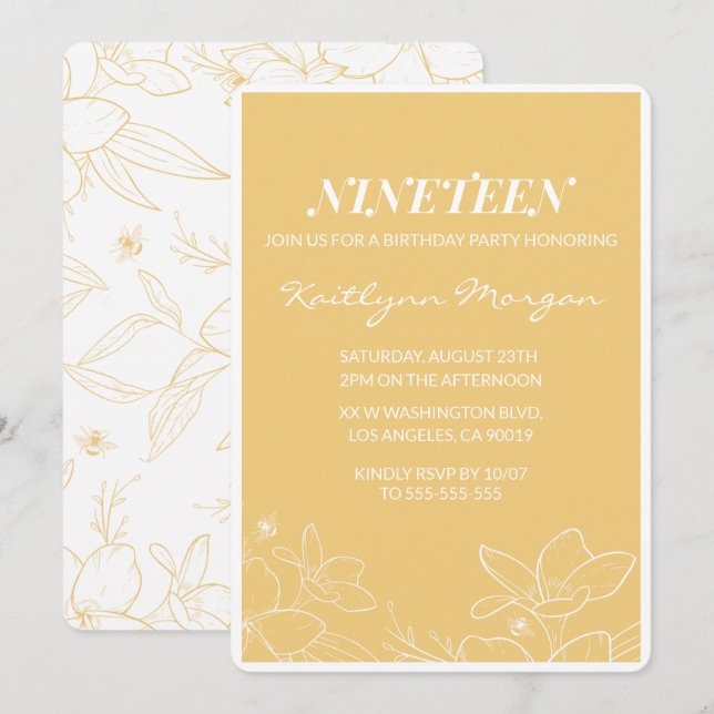 Modern 19th birthday invitations Floral Yellow (Front/Back)