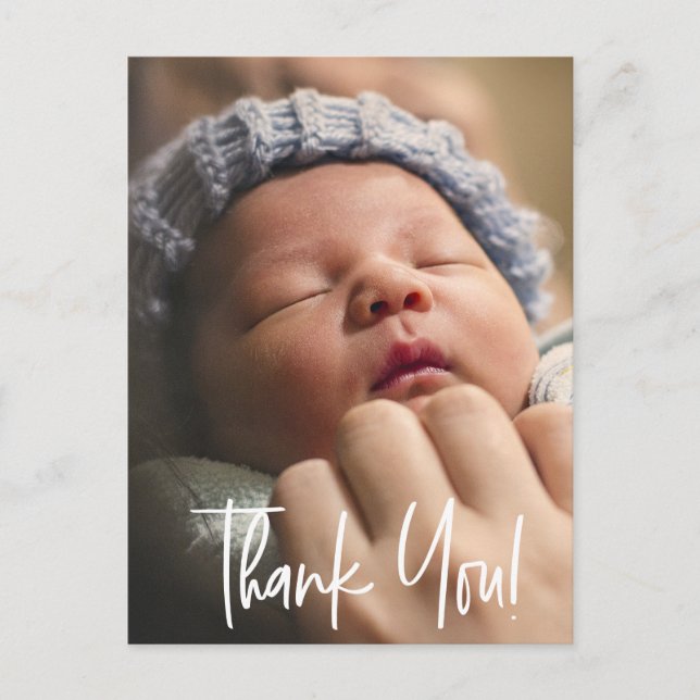 Modern 1 Baby Photo Thank You Script Announcement Postcard (Front)