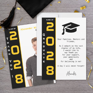 Modern 1 Photo Gold Black Graduation Thank You Card
