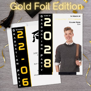 Modern 1 Photo Grad Party Black and Gold  Foil Invitation