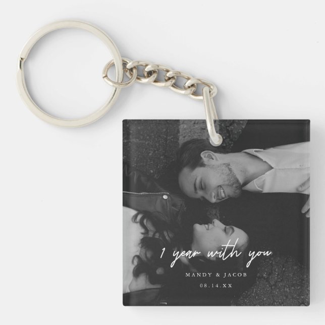 Modern 1-Year Anniversary Wedding Photo Keychain (Front)