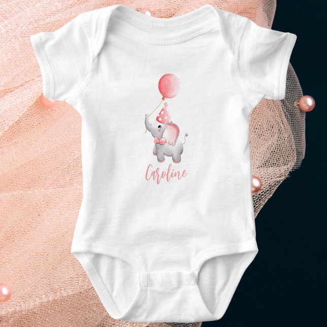 Modern 1st Birthday Baby Girl Cute Elephant Baby Bodysuit (Creator Uploaded)
