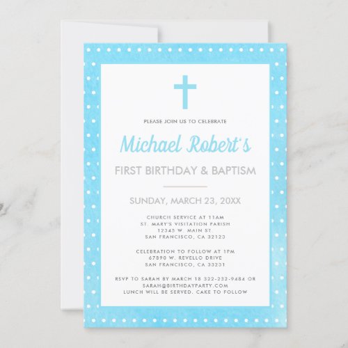 Modern 1st Birthday Baptism Boy Blue Polka Dot Invitation