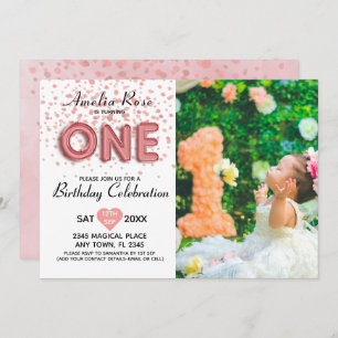 Modern 1st Birthday Pink Confetti Balloon Script Invitation