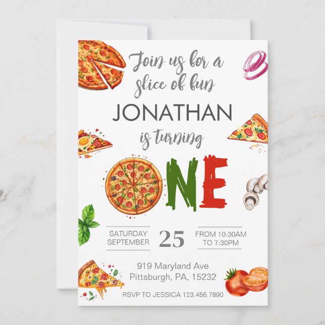 Modern 1st Birthday Pizza First Birthday Invitation (Front)