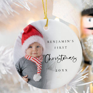 Modern 1st Christmas Baby Name Year Photo Ceramic Ornament