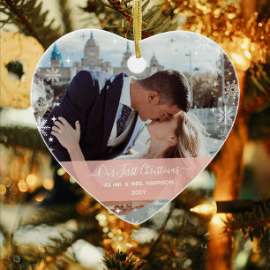 Modern 1st Christmas Mr Mrs 1 Photo Heart Shaped Ceramic Ornament
