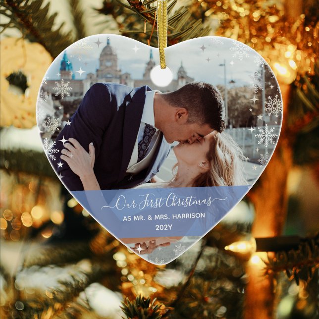 Modern 1st Christmas Mr Mrs 1 Photo Heart Shaped Ceramic Ornament (Modern Elegant Our First Christmas as Mr. & Mrs. Newlyweds 1 Photo Pink Band Calligraphy Names Heart)