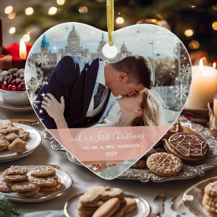 Modern 1st Christmas Mr Mrs 2 Photos Heart Shaped Ceramic Ornament