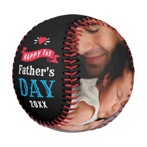Modern 1st Fathers Day Baby Photo Typography Black Baseball