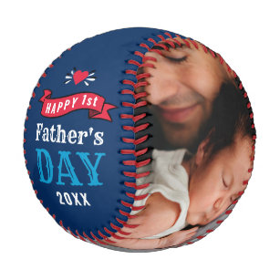 Modern 1st Fathers Day Baby Photo Typography Blue Baseball
