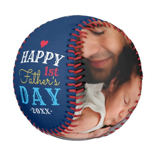 Modern 1st Fathers Day Typography Baby Photo Blue Baseball