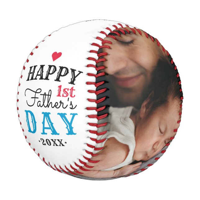 Modern 1st Fathers Day Typography Baby Photo White Baseball (Angled)