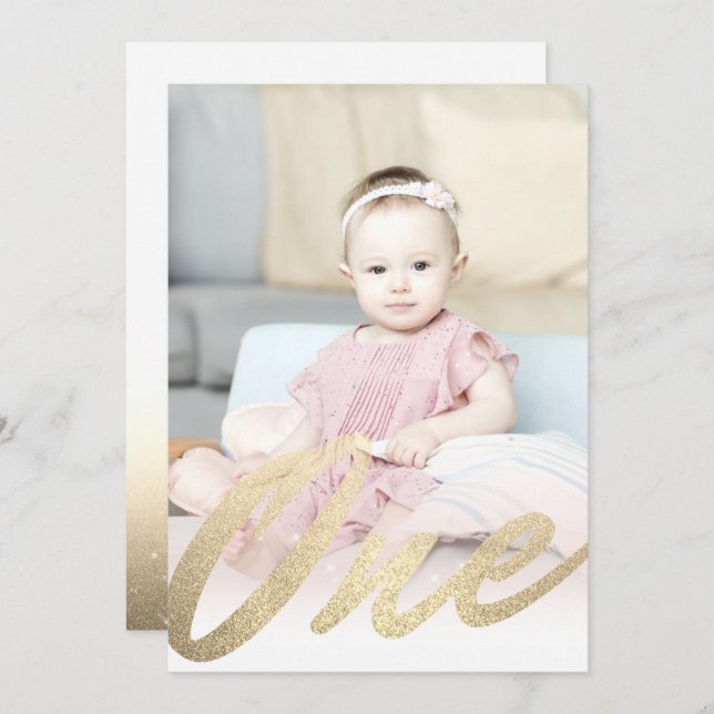 Modern 1st First Birthday Gold Glitter Girls Photo Invitation (Front/Back)