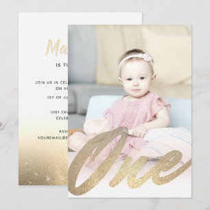 Modern 1st First Birthday Gold Glitter Girls Photo Invitation