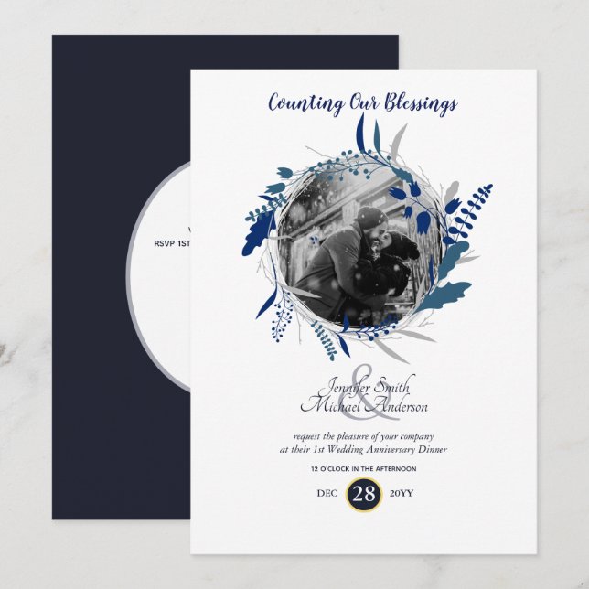 Modern 1st Wedding Anniversary PHOTO Blue Wreath Invitation (Front/Back)