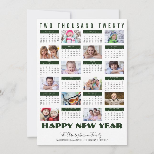 Modern 2020 Calendar Photo Collage New Year Green Holiday Card (Front)