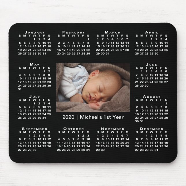 Modern 2020 Calendar Your Photo and Name on Black Mouse Pad (Front)