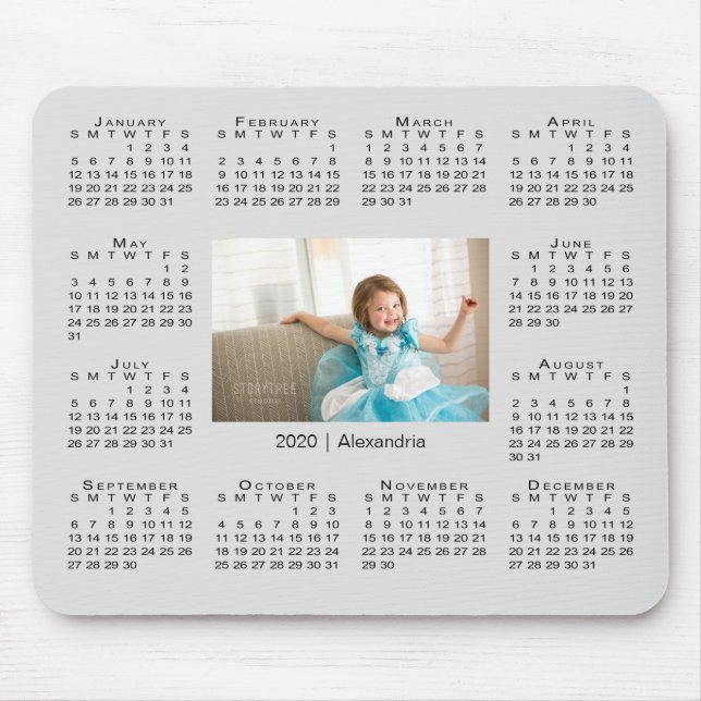 Modern 2020 Calendar Your Photo and Name on Gray Mouse Pad (Front)