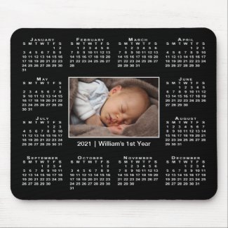 Modern 2021 Calendar Your Photo and Name on Black Mouse Pad