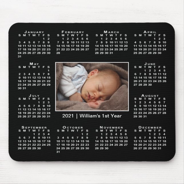 Modern 2021 Calendar Your Photo and Name on Black Mouse Pad (Front)