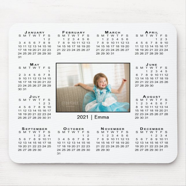 Modern 2021 Calendar Your Photo and Name on White Mouse Pad (Front)