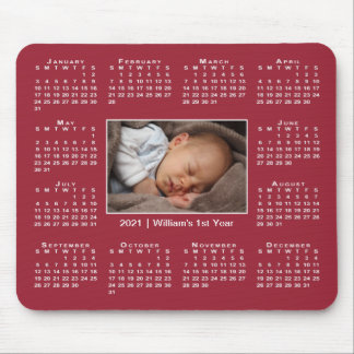 Modern 2021 Calendar Your Photo Name on Burgundy Mouse Pad
