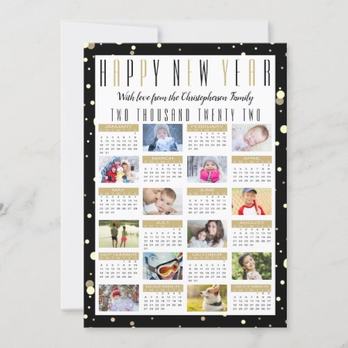 Modern 2022 Calendar Black Gold 12 Photo Collage Holiday Card