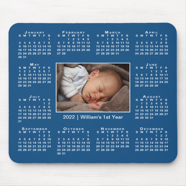 Modern 2022 Calendar Your Photo Name on Blue Mouse Pad (Front)