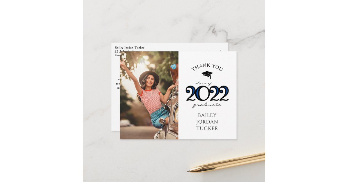 Modern 2022 Navy Blue Photo Graduation Thank You Postcard | Zazzle