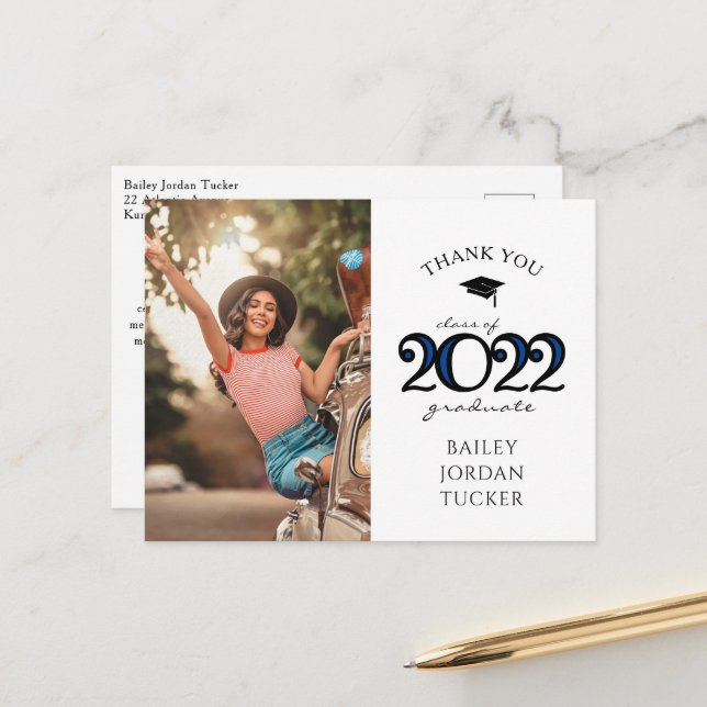Modern 2022 Navy Blue Photo Graduation Thank You Postcard (Front/Back In Situ)