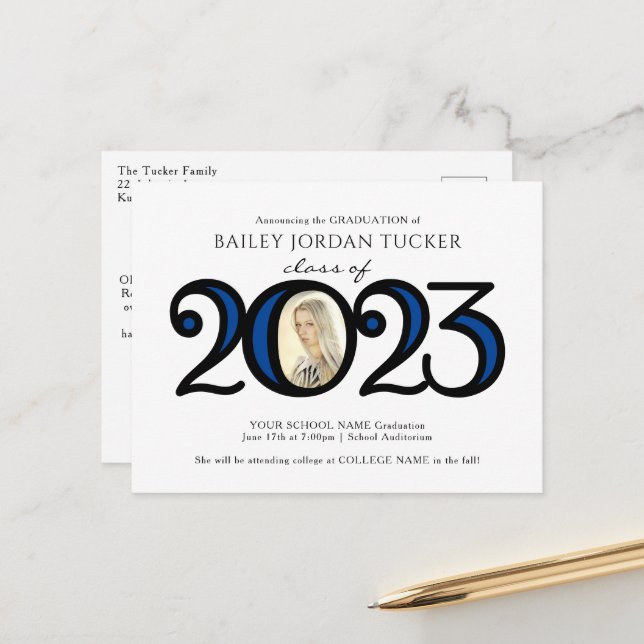 Modern 2022 Photo Blue Graduation Announcement Postcard (Front/Back In Situ)