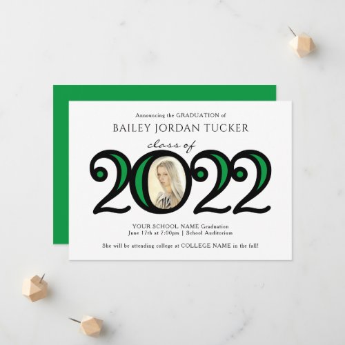 Modern 2022 School Colors Photo Green Graduation Announcement