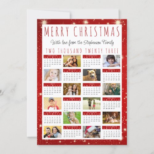 Modern 2023 Calendar 12 Photo Collage Red Lights Holiday Card