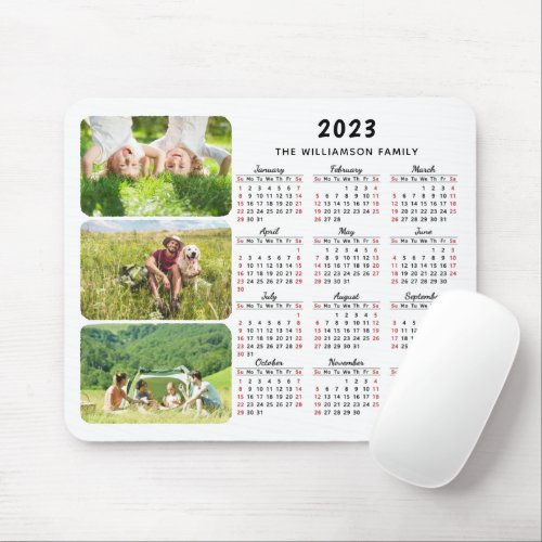 Modern 2023 Calendar Family Name 3 Photo Collage Mouse Pad