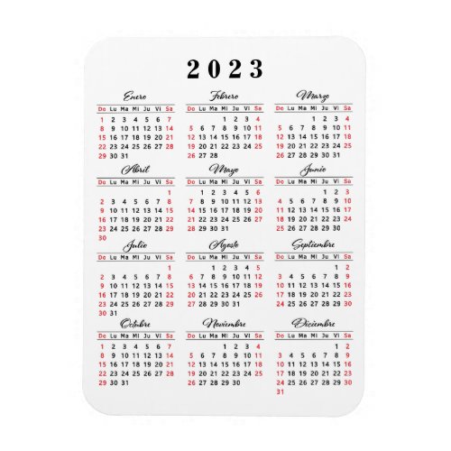 Modern 2023 Calendar in Spanish White Black Red Magnet