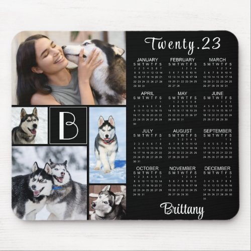 Modern 2023 Calendar Monogram Script Name 5 Photo Mouse Pad