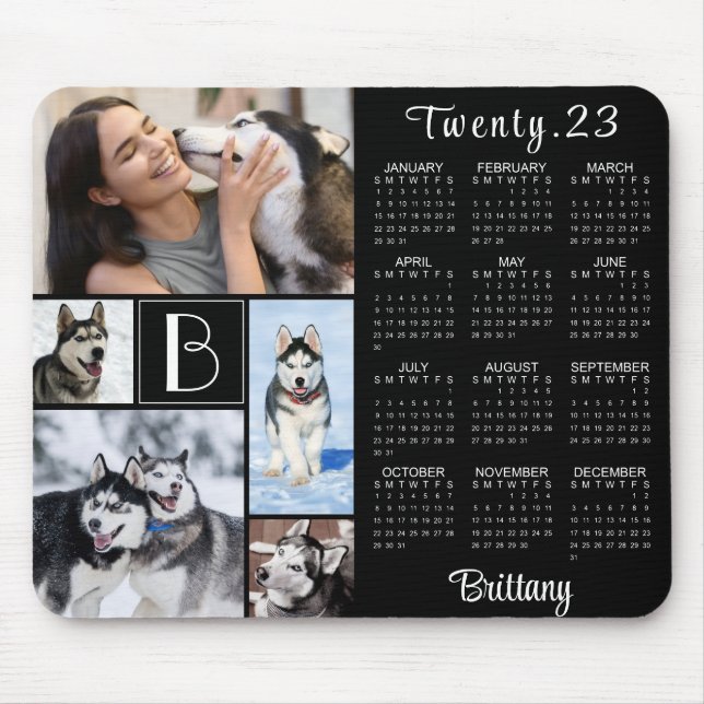 Modern 2023 Calendar Monogram Script Name 5 Photo Mouse Pad (Front)