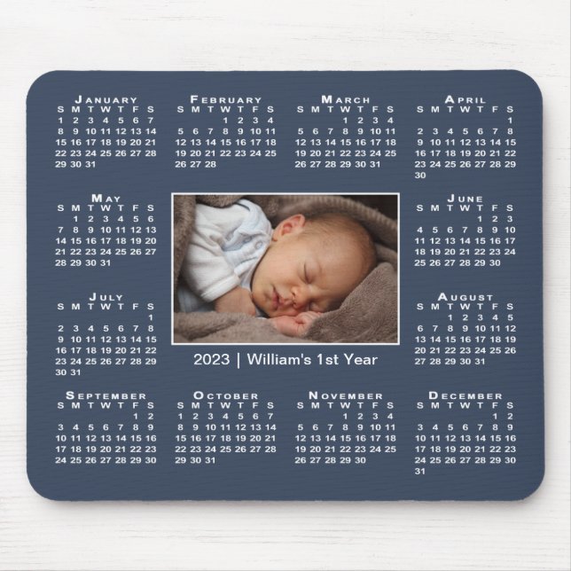 Modern 2023 Calendar Your Photo Name on Navy Blue Mouse Pad (Front)