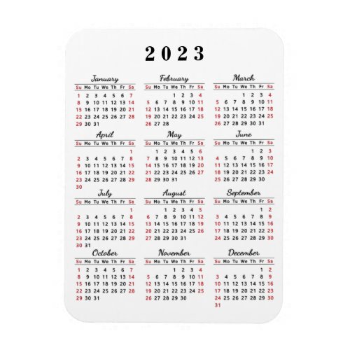 Modern 2023 Full Year Calendar White Black Red Magnet