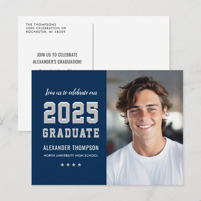 Modern 2023 Graduate Navy Gray Photo Graduation Invitation Postcard (Front/Back)