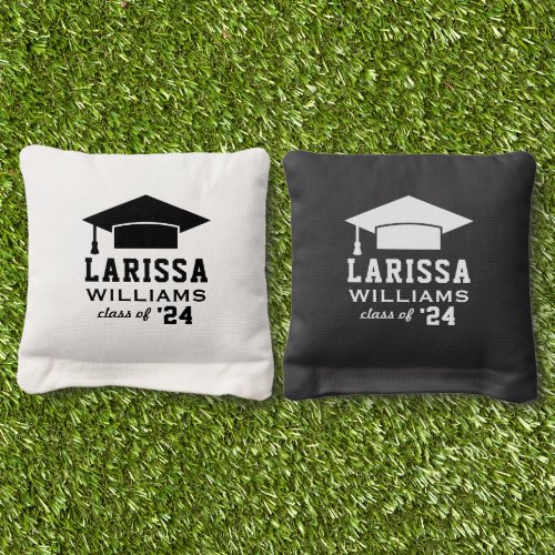 Modern 2024 Black and White Custom Name Graduation Cornhole Bags