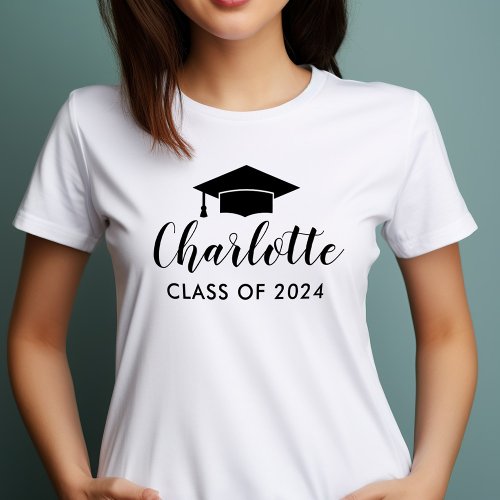 Modern 2024 Black Script Name Photo Graduation T_Shirt
