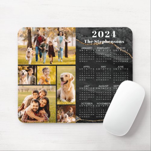 Modern 2024 Calendar 6 Photo Collage Black Agate Mouse Pad
