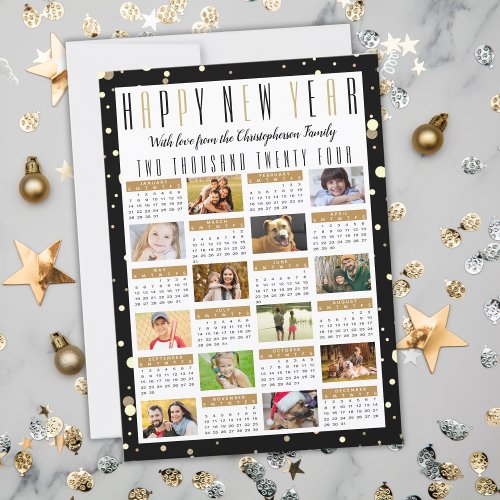 Modern 2024 Calendar Black Gold 12 Photo Collage Holiday Card