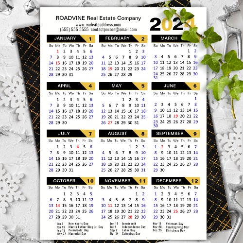 Modern 2024 Calendar Business Gold Black Corporate Holiday Card