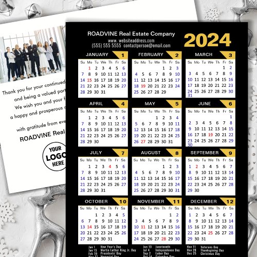 Modern 2024 Calendar Business Photo Gold Black Holiday Postcard