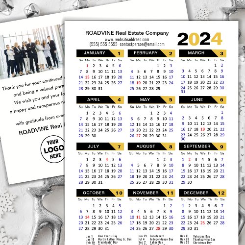 Modern 2024 Calendar Business Photo Gold Black Holiday Postcard