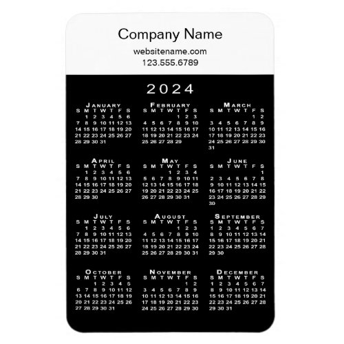 Modern 2024 Calendar Company Name Info Black White Magnet
