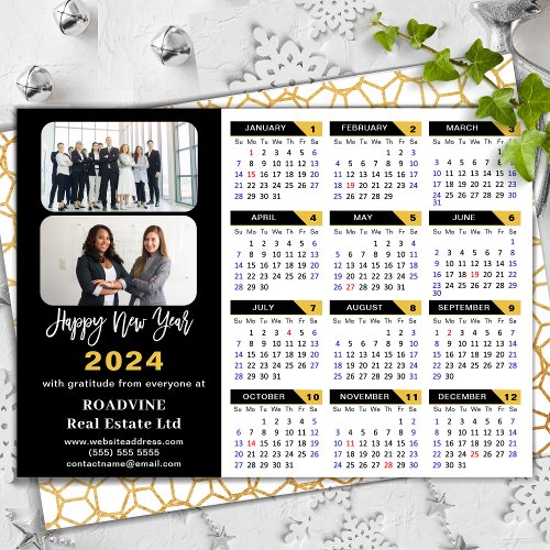 Modern 2024 Calendar Corporate 2 Photo Black Gold Holiday Card